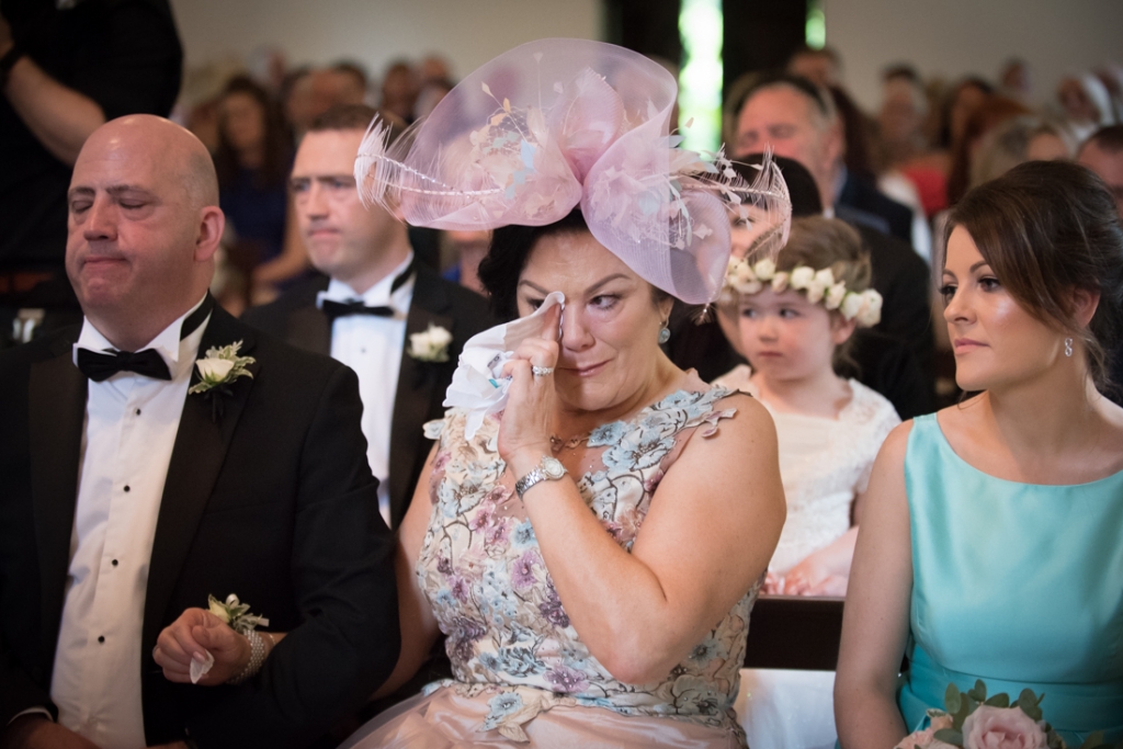 Emotional mother of the Bride during the wedding ceremony at Brooklodge