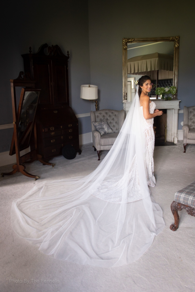 Sarah Roberts in her wedding dress in the bridal suite at Lutrellstown Castle