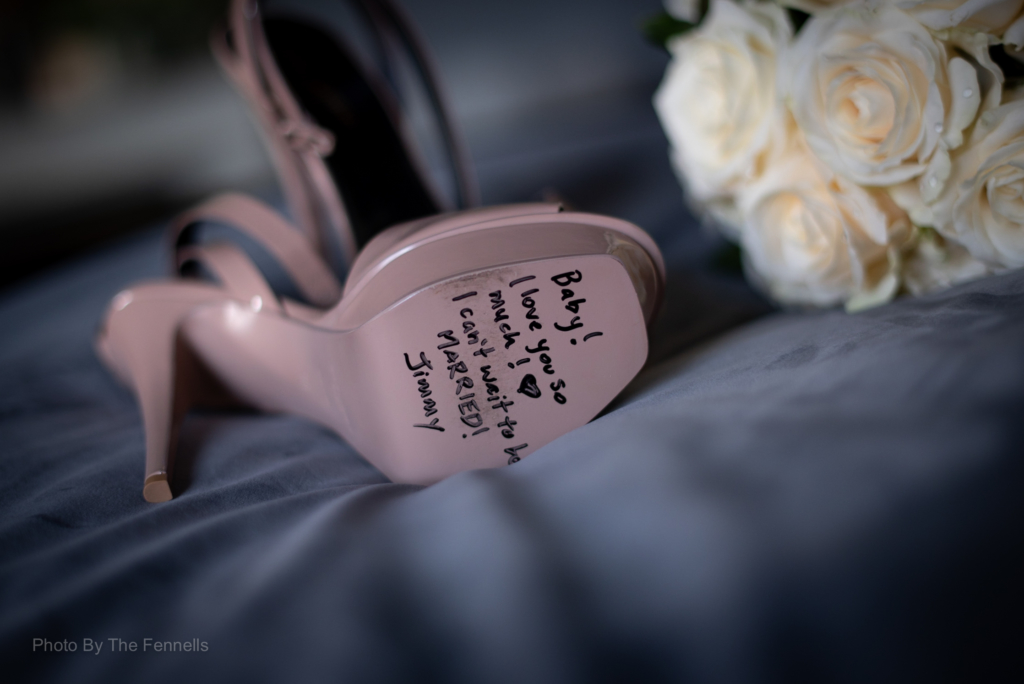 A note written from James Stewart to Sarah Roberts on the bottom of her wedding shoe