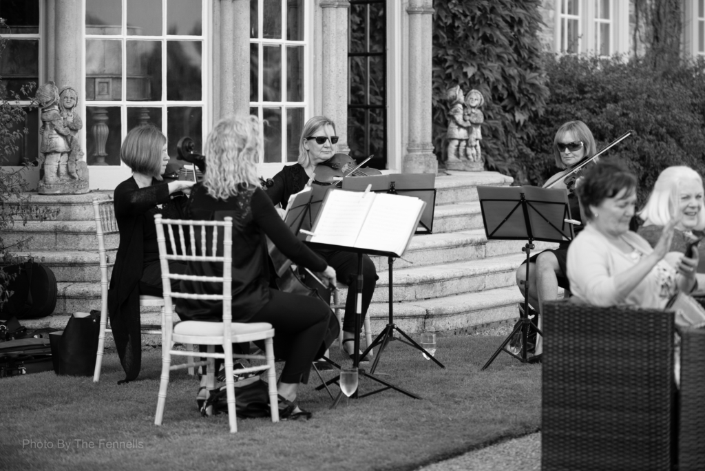 The string quartet playing outside at the home and away wedding