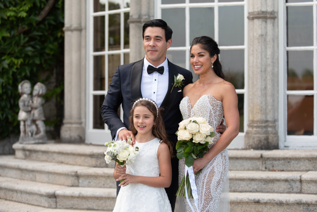 Sarah Roberts and James Stewart with his daughter at the steps of Luttrellstown