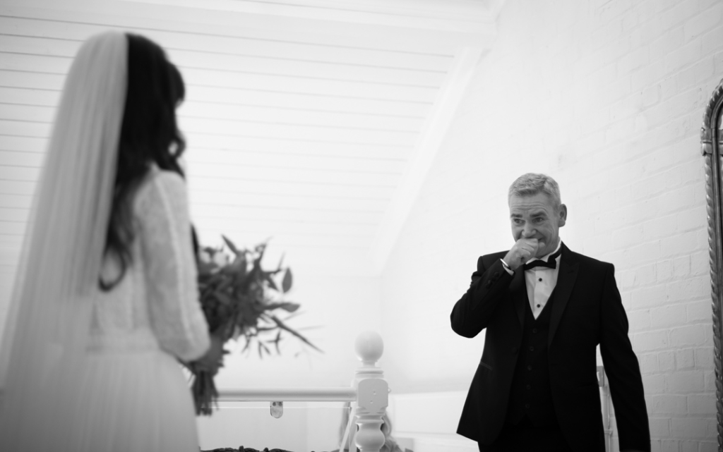 Father of the Bride seeing the Bride in her wedding dress for the first time