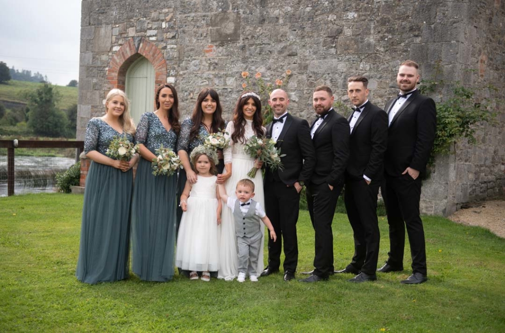 Bride and groom and bridal party at the Mill House Slane