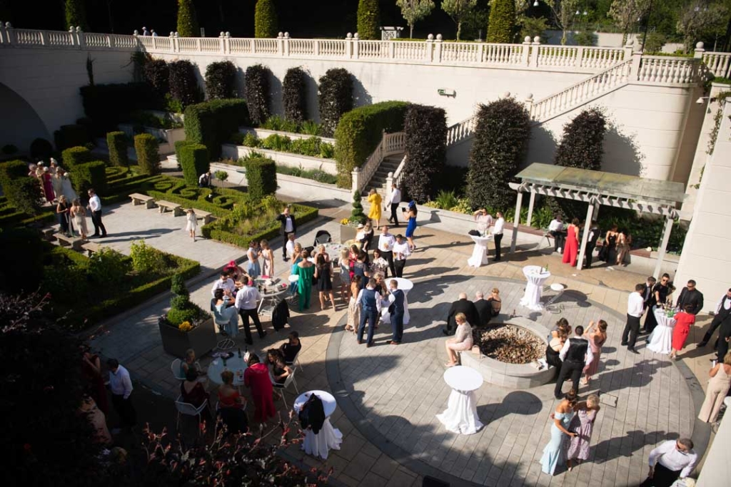 The guests outside at the drinks reception for the Powerscourt Hotel wedding