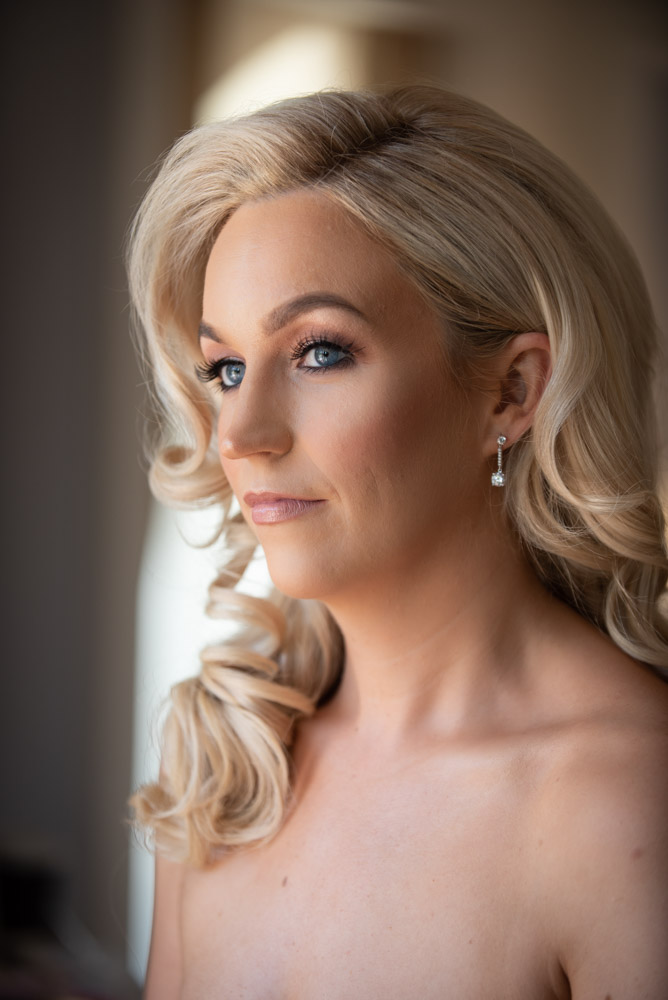 Close up of Brides face with hair and makeup applied
