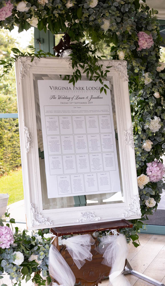 The seating table plan for the guests for their dinner at Virginia Park Lodge