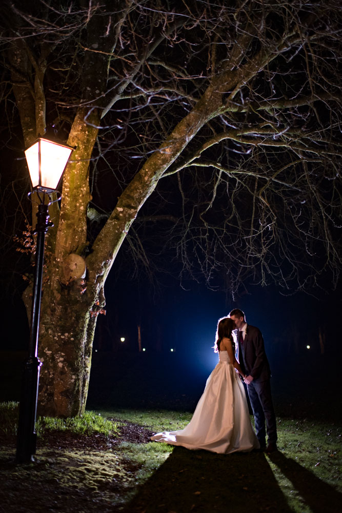 Bride and Groom outside at night kissing beside a lantern and tree on the grounds of Tankardstown House